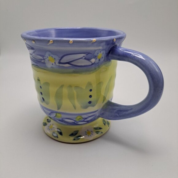 Les Fleurs Coffee Mug Cup Hand Painted Floral Yellow Blue 20 Oz - Picture 6 of 10